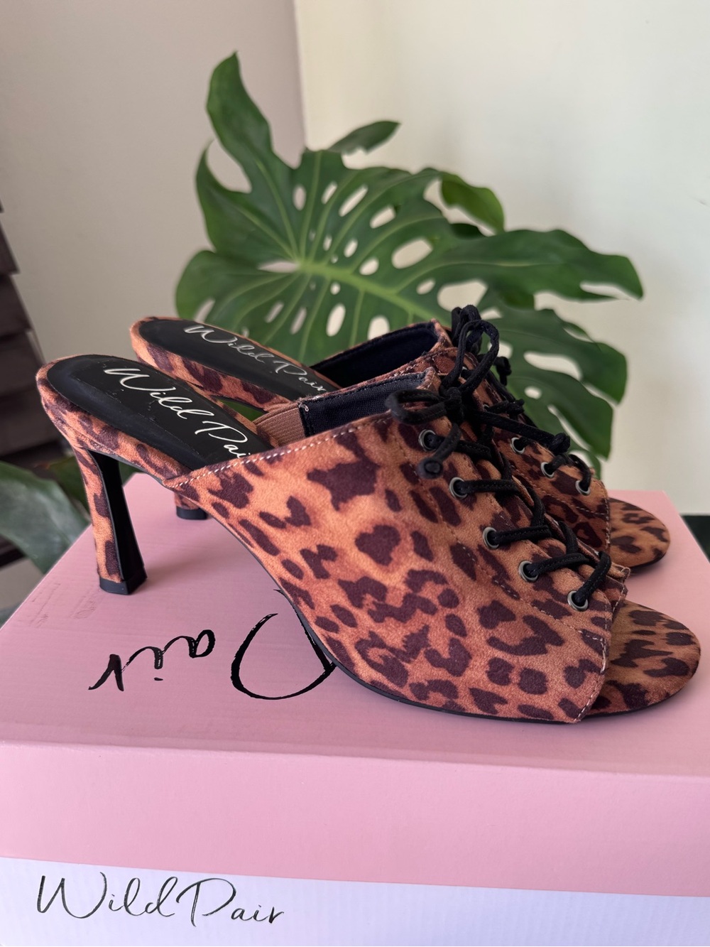Wild Pair Leopard Print Lace-Up Mule Heels